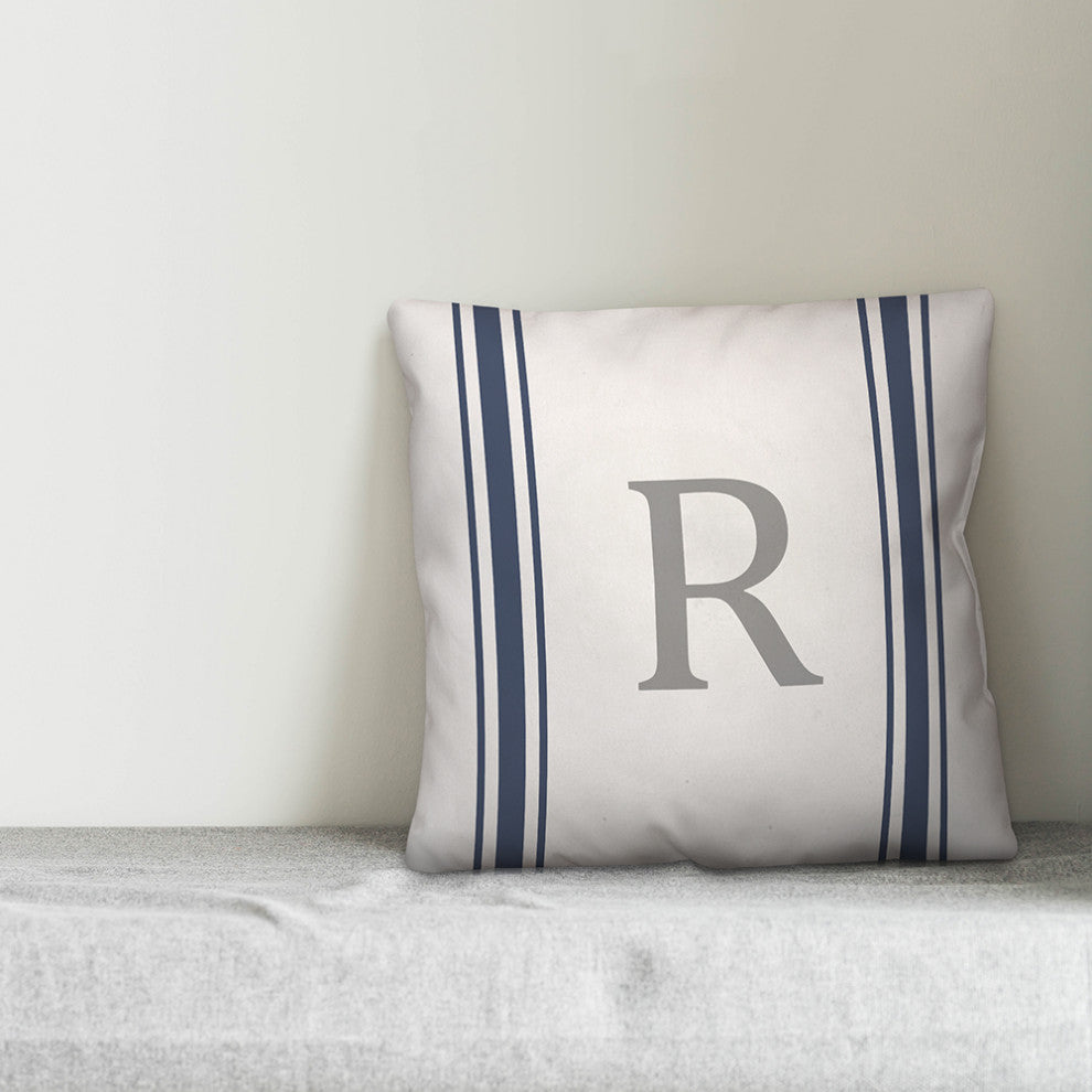 Blue Farmhouse Stripe Monogram - R 18x18 Spun Poly Pillow