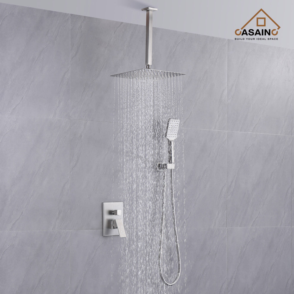 CASAINC 12" Ceiling Mounted Modern Waterfall Shower System Set, Brushed Nickel