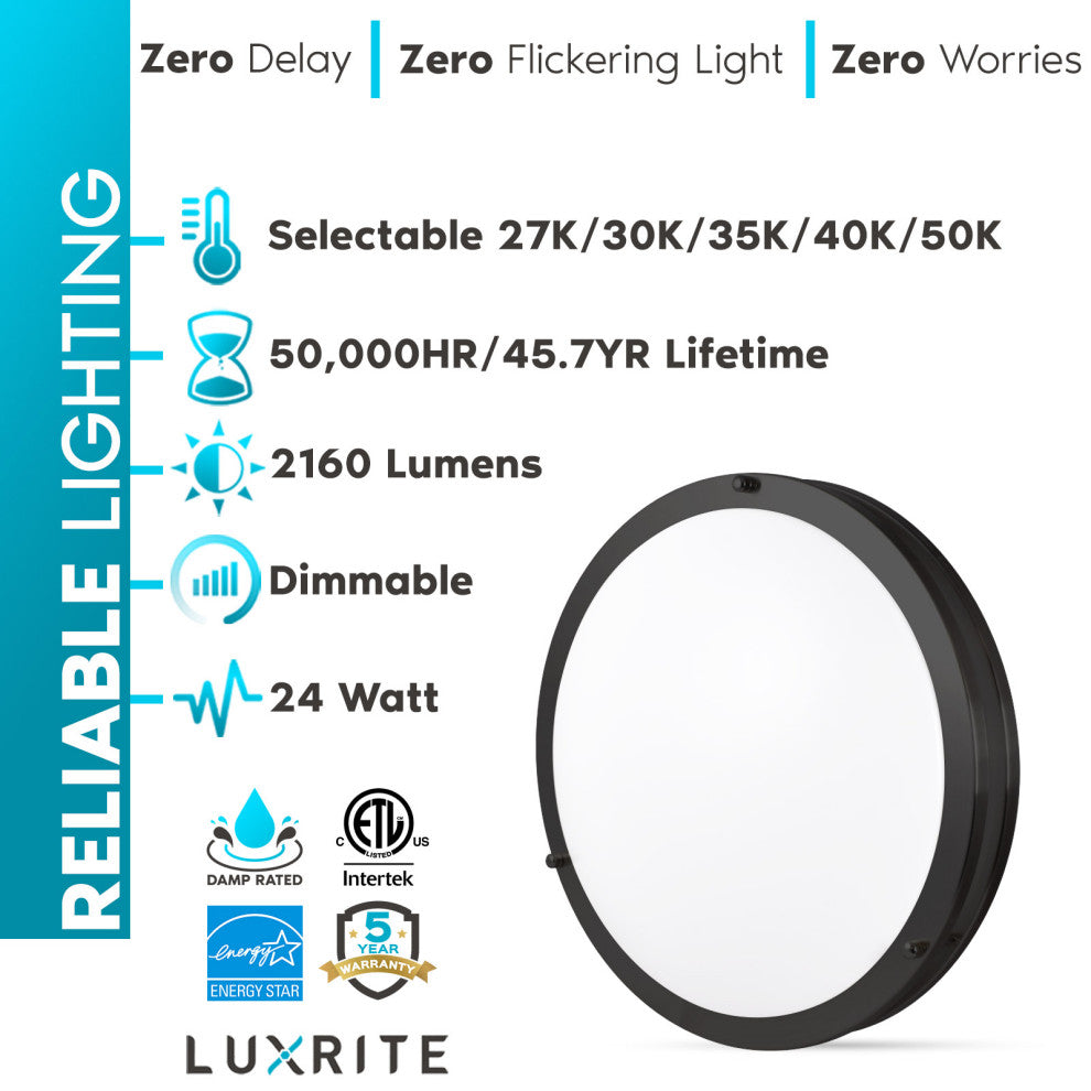 Luxrite 18" LED Flush Mount 5 Color Options 24W 2160lm Matte Black