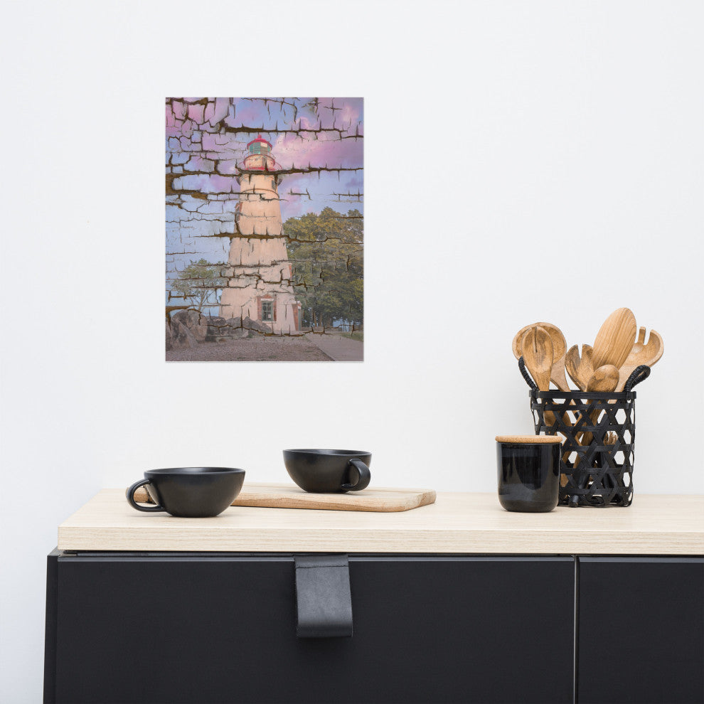 Faux Wood Texture Marblehead Lighthouse at Sunset Unframed Wall Art Prints, 12" X 16"
