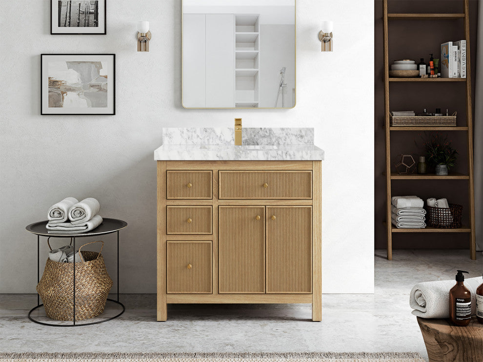 Sonoma 36 Center Sink Bath Vanity in Light Natural Teak with 2" Carrara Marble