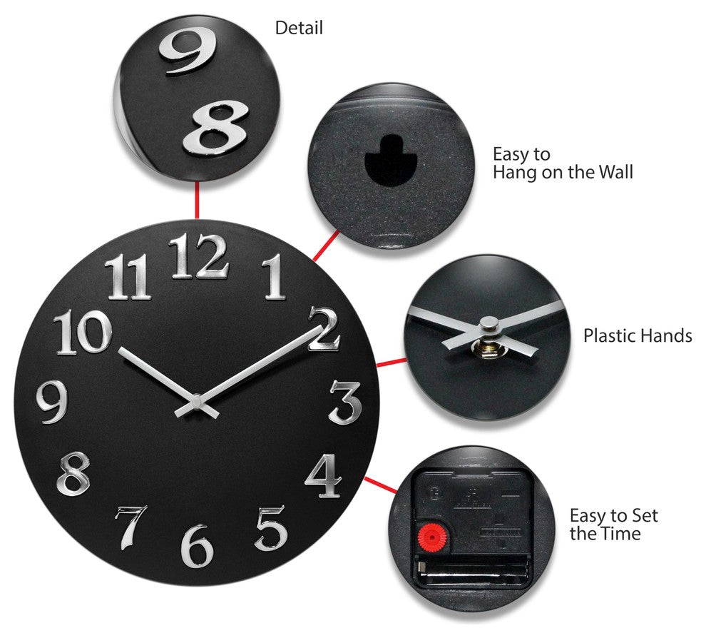 12 inch Modern Wall Clock, Vogue by Infinity Instruments, Black