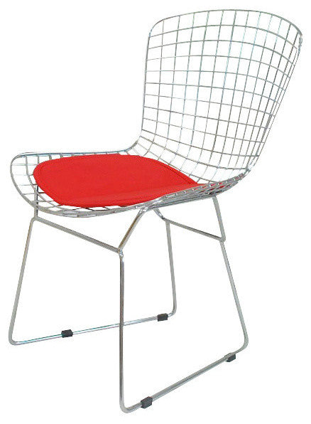Mid Century Modern Chrome Wire Dining Side Chair, Chrome Frame, Red Pad