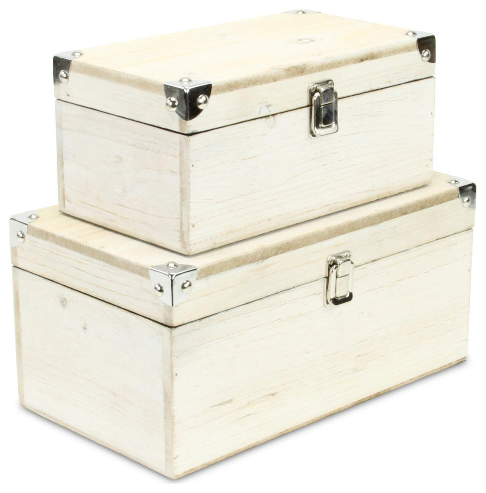 Set of 2 White Wash Wood Box With Bronze Corner Accent