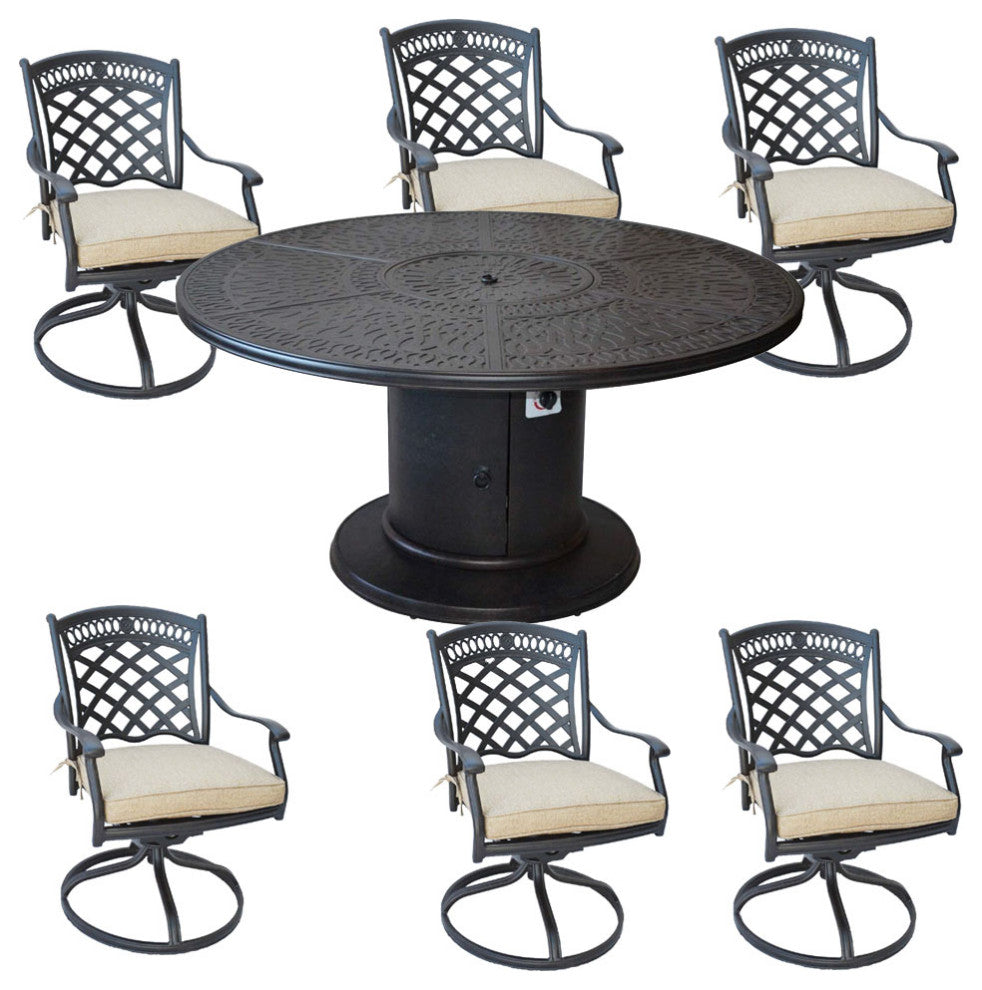Outdoor conversation set with fire pit grill table and 6 swivel rockers.