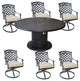 Outdoor conversation set with fire pit grill table and 6 swivel rockers.