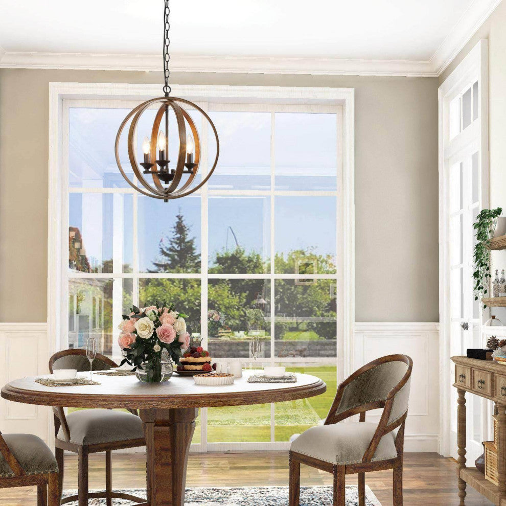 LNC Farmhouse Amtique Globe Brown Wood Chandelier for Kitchen Island, 3 Lights
