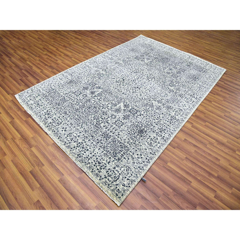 Ghost White Hand Knotted Mamluk Dynasty Design Undyed 100% Wool Rug 6'1"x9'3"