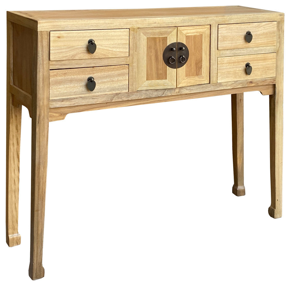 Chinese Oriental Natural Raw Wood Tan Drawers Slim Foyer Side Table Hcs7174
