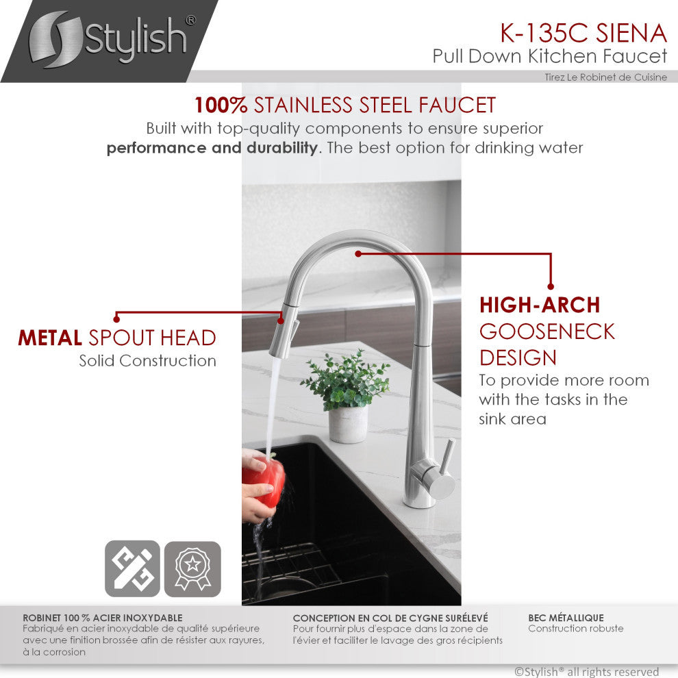 STYLISH Kitchen Sink Faucet Single Handle Pull Down Dual Mode Stainless Steel