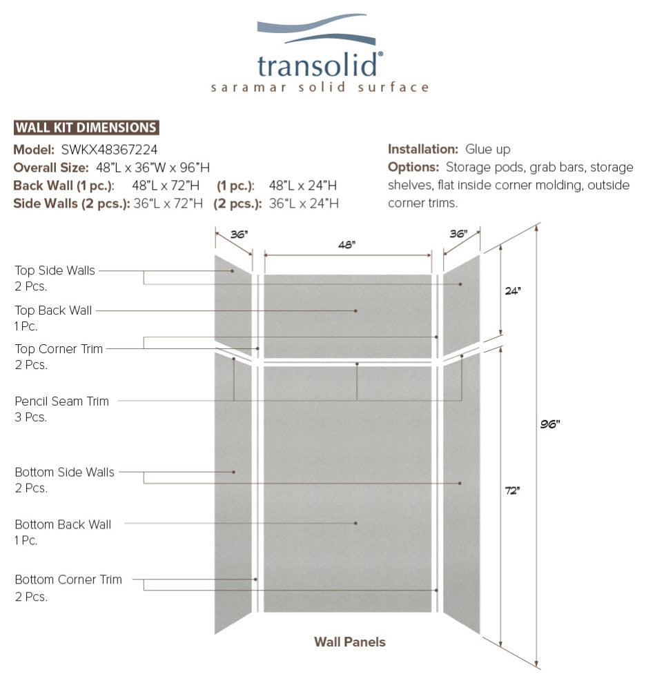 Transolid SaraMar 48"x36"x96" 6-Piece Shower Wall Kit, Grey Beach Velvet