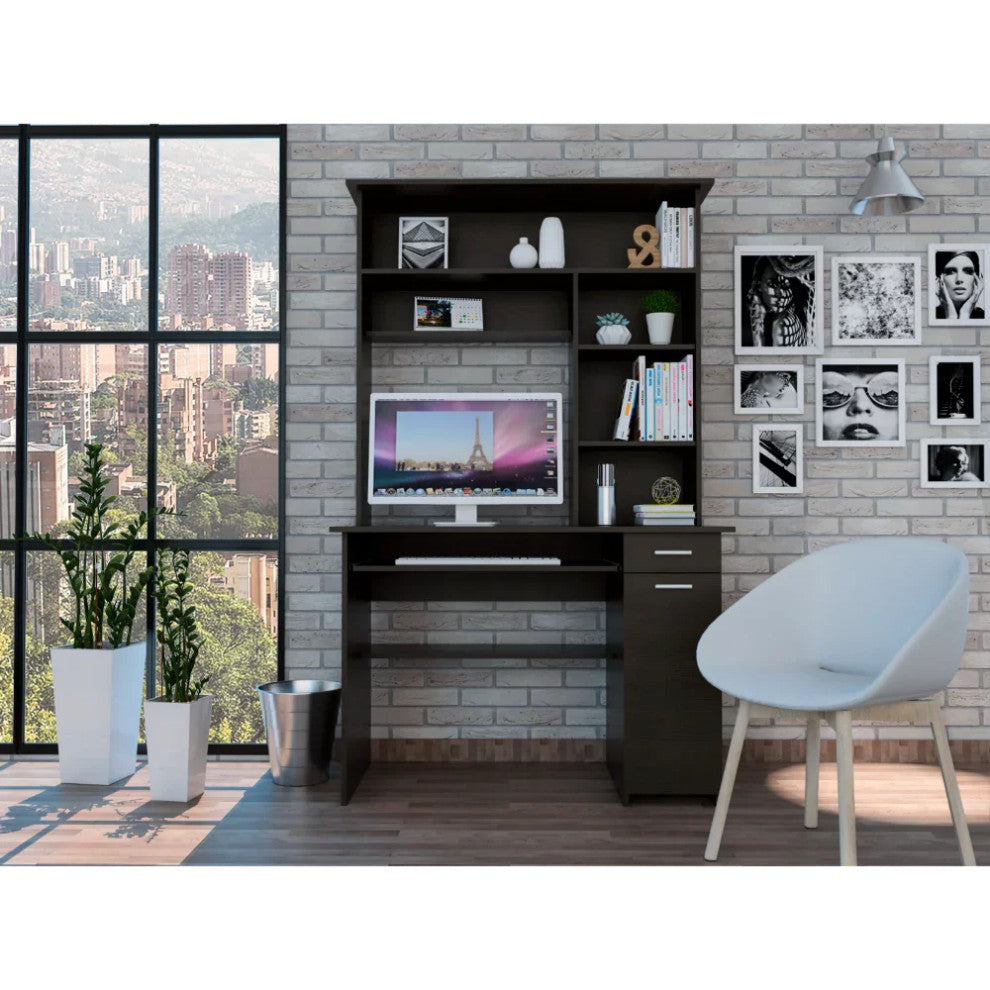 Modern Desk, Rectangular Top With Large Hutch & Ample Storage Space, Light Gray, Black
