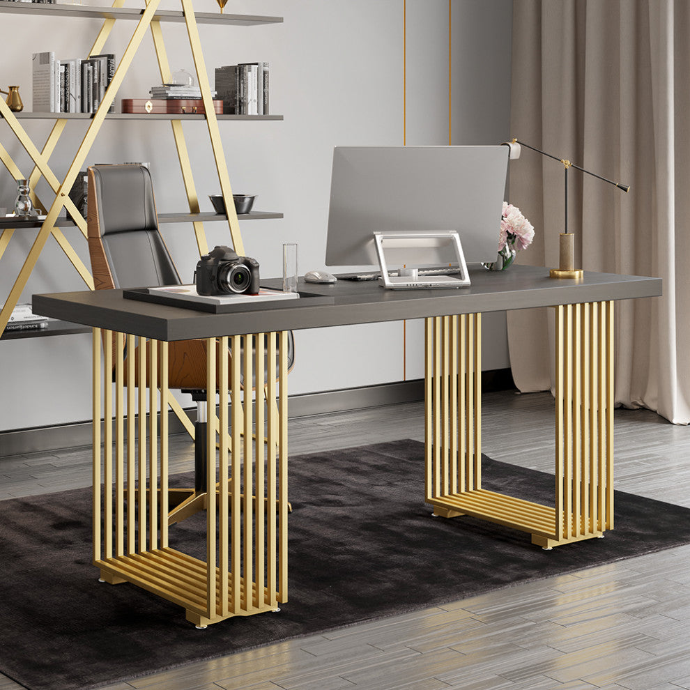 Modern Black Computer Desk Rectangular Desk with Solid Wood Table Top, Small