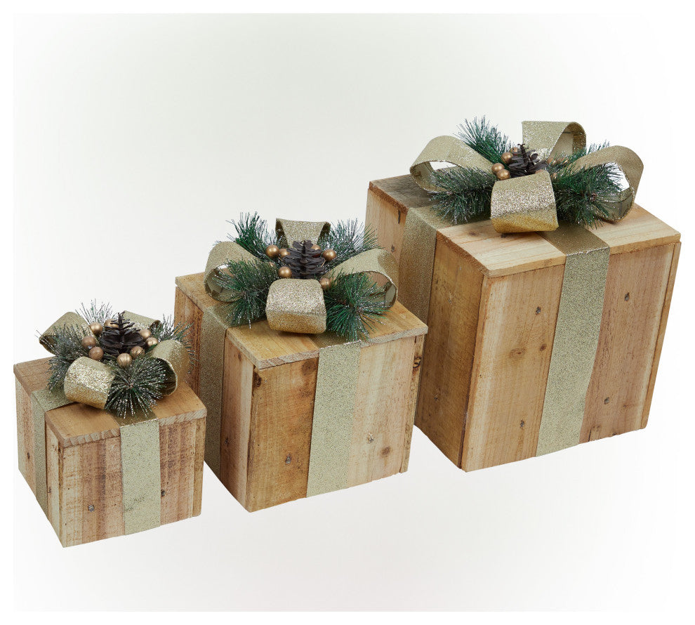 3-Piece Wooden Gift Box Christmas Decor with LED Lights, Gold
