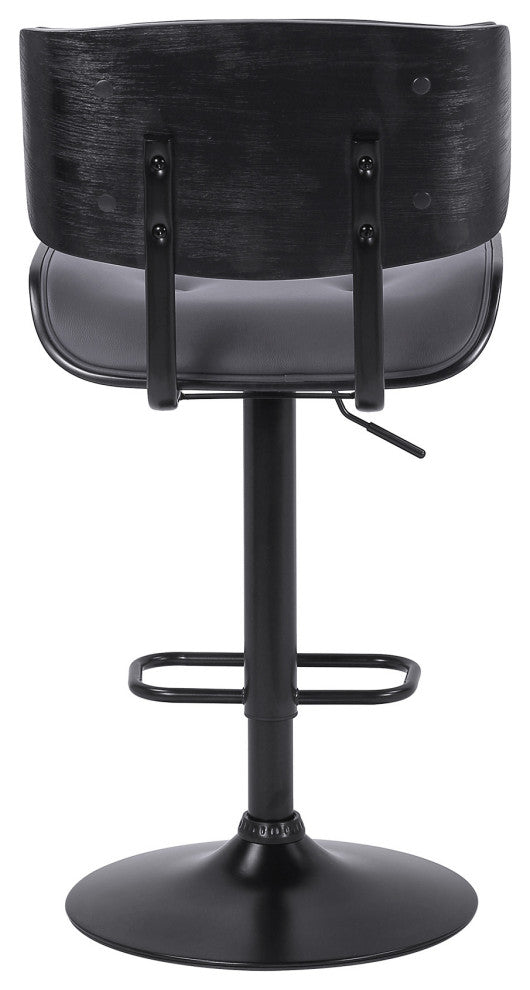 Adjustable Gray Tufted Faux Leather and Black Wood Swivel Barstool.