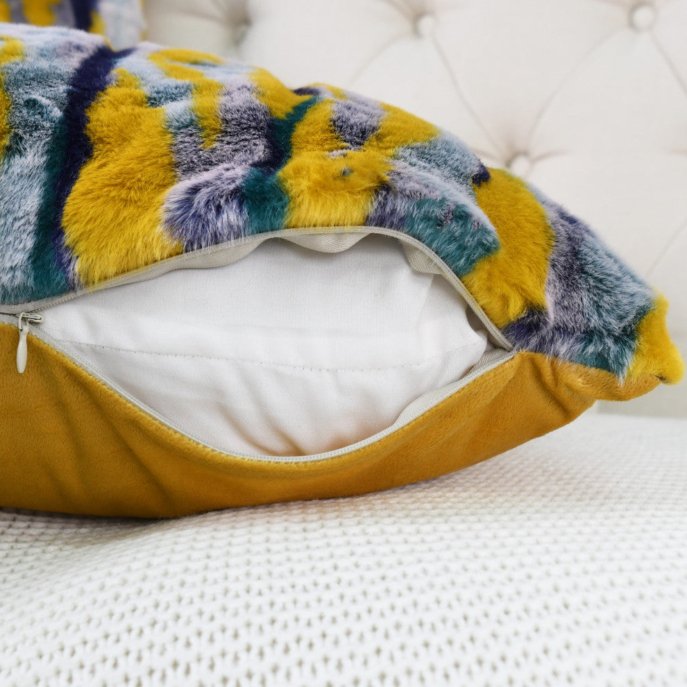 Multi Jacquard Faux Fur Pillow Covers Set of 2, Teal, 20''x20''