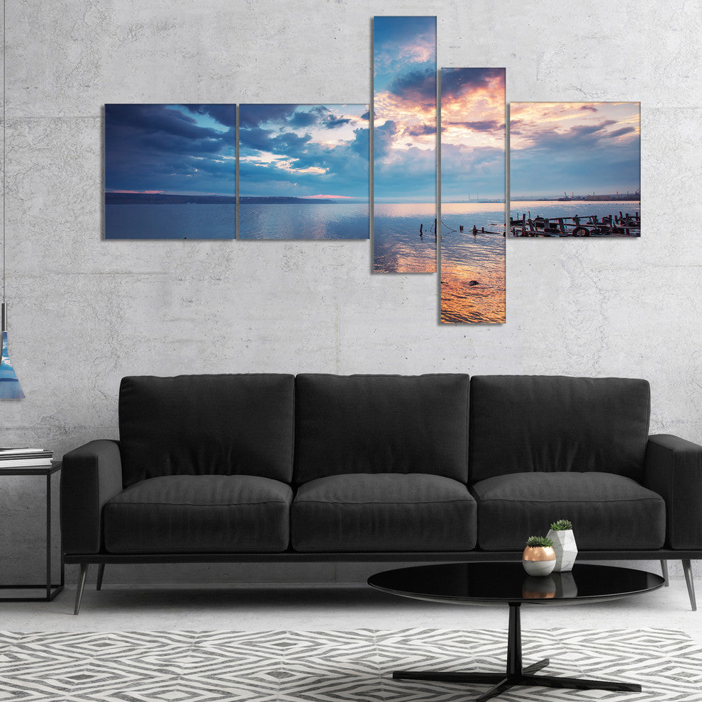 Dramatic Sky Over Sunset Lake, Landscape Canvas Art, 60"x32", 5 panels
