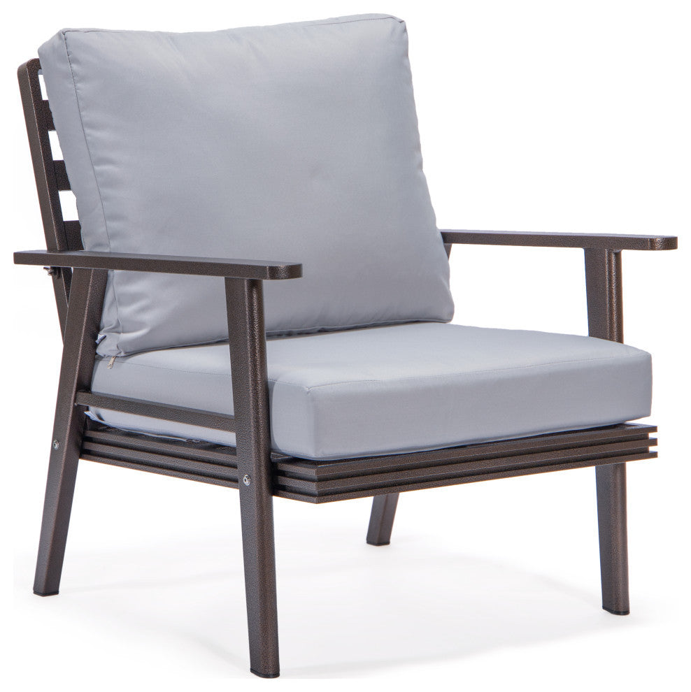 LeisureMod Walbrooke Brown Patio Sofa Set With Round Fire Pit Table, Light Grey