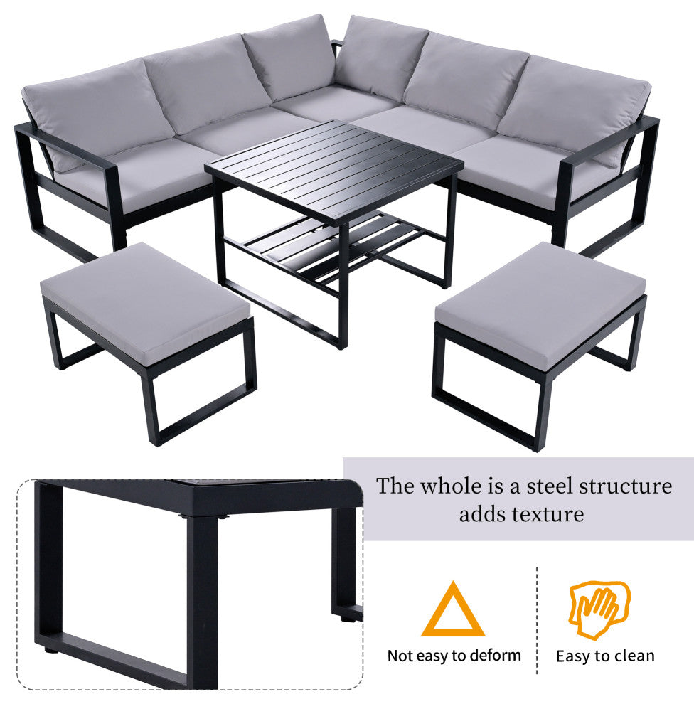 6-Piece Outdoor Steel Industrial Style Patio Sofa Combination Set With Table, Dark Gray