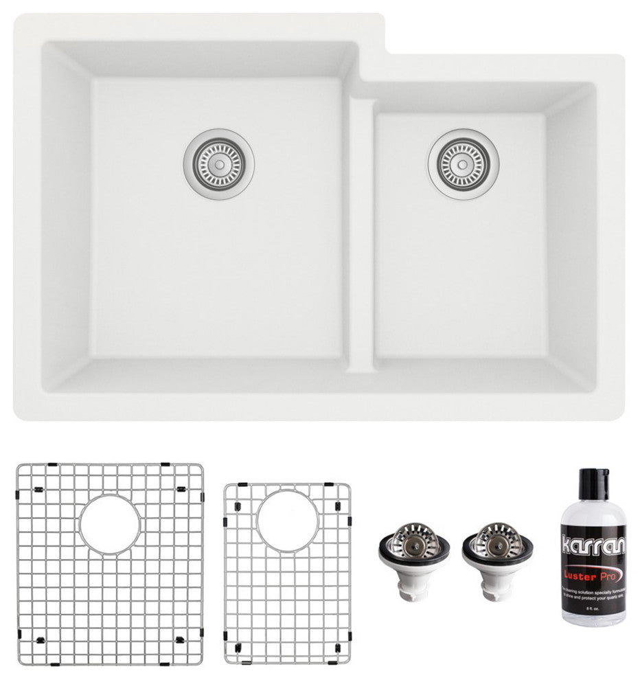 Karran 32" Undermount Double Bowl 60/40 Quartz Kitchen Sink Kit, White