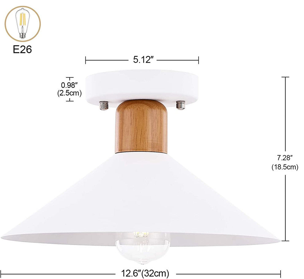 Industrial White Semi Flush Mount Light, Farmhouse, Wood Ceiling Light Fixture