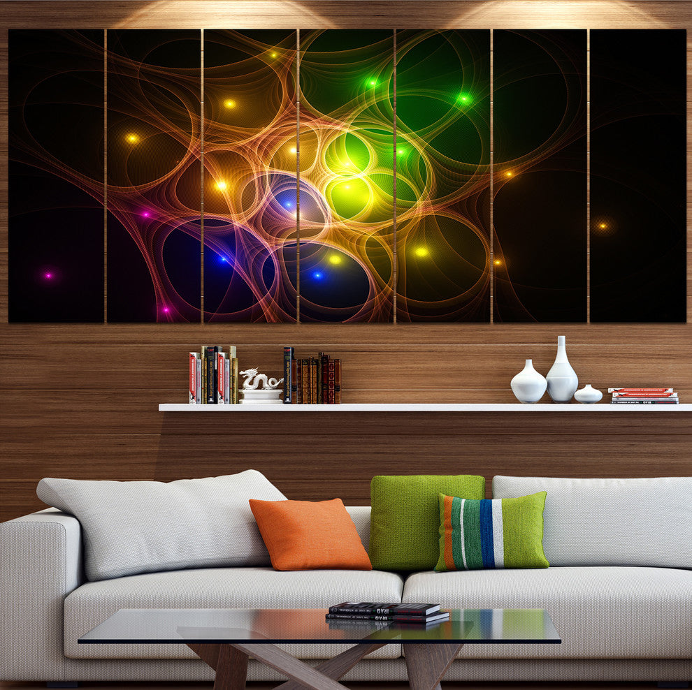 Yellow Fractal Space Circles, Abstract Canvas Art Print, 83"x32", 7 Panels