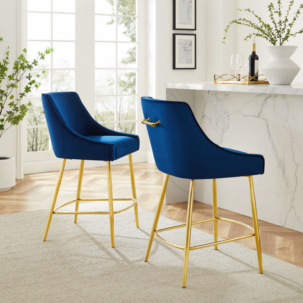 Counter Stool Chair, Set of 2, Blue Navy, Velvet, Modern, Mid Century Lounge