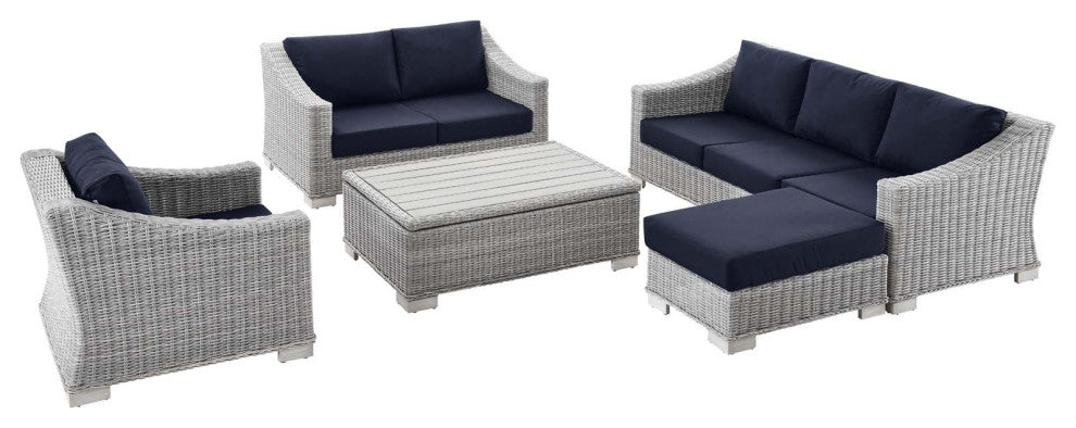 Lounge Sectional Sofa Chair Set, Rattan, Wicker, Gray Blue Navy, Outdoor