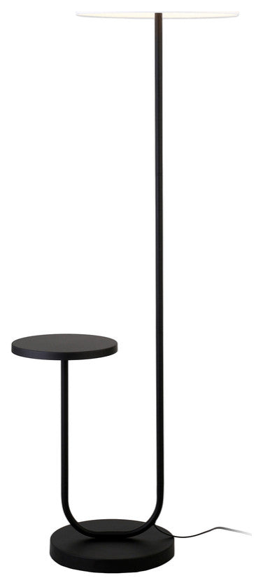 66" Black Tray Table Floor Lamp With White No Pattern Frosted Glass Drum Shade