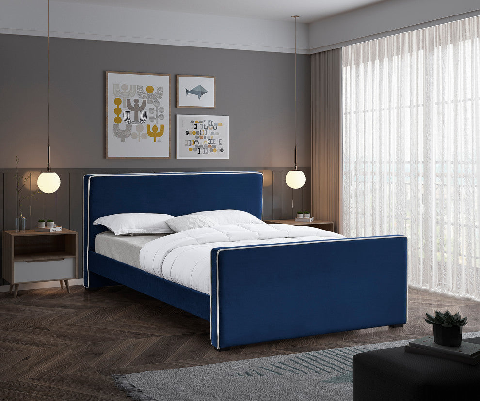 Dillard Velvet Upholstered Bed, Navy, Full