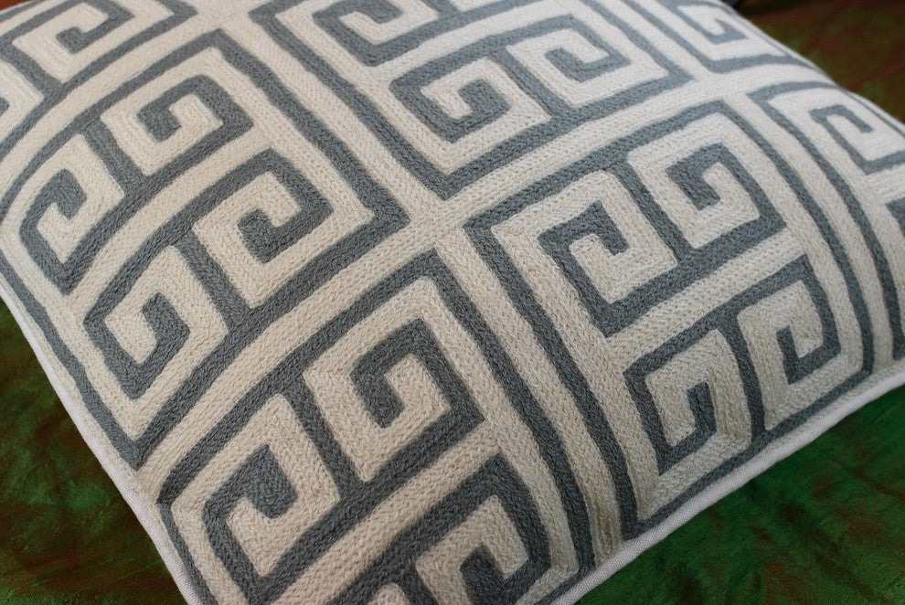 Greek Key Geometric Ivory Gray Accent Pillow Cover Handembroidered Wool 20x20"