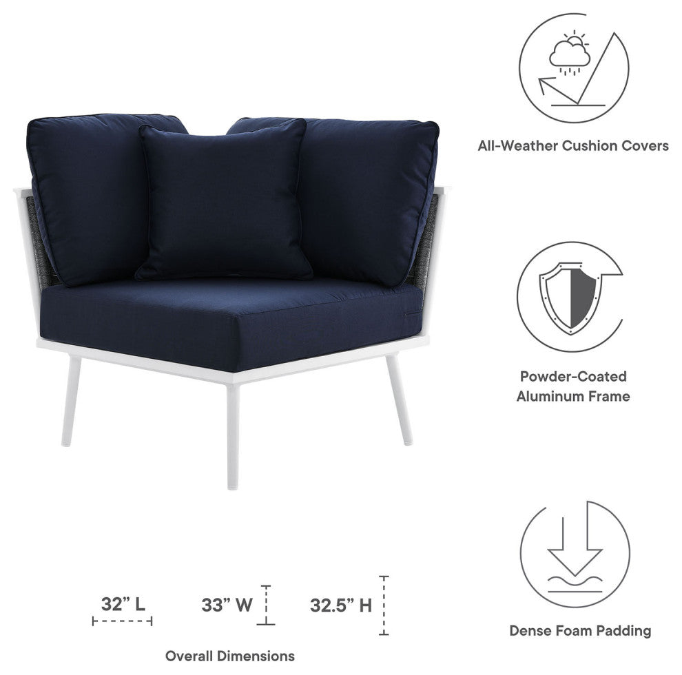 Lounge Corner Chair, Navy White, Aluminum, Modern, Outdoor Patio Hospitality