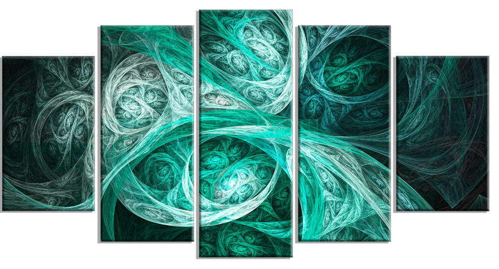 Mystic Turquoise Fractal, Contemporary Wall Art Canvas, 60"x32", 5 Panels