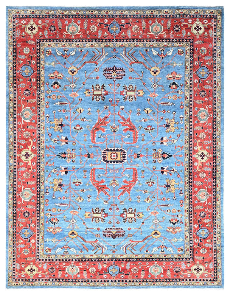 Blue, Extra Soft Wool, Afghan Peshawar, Hand Knotted, Oriental Rug, 9'x11'6"