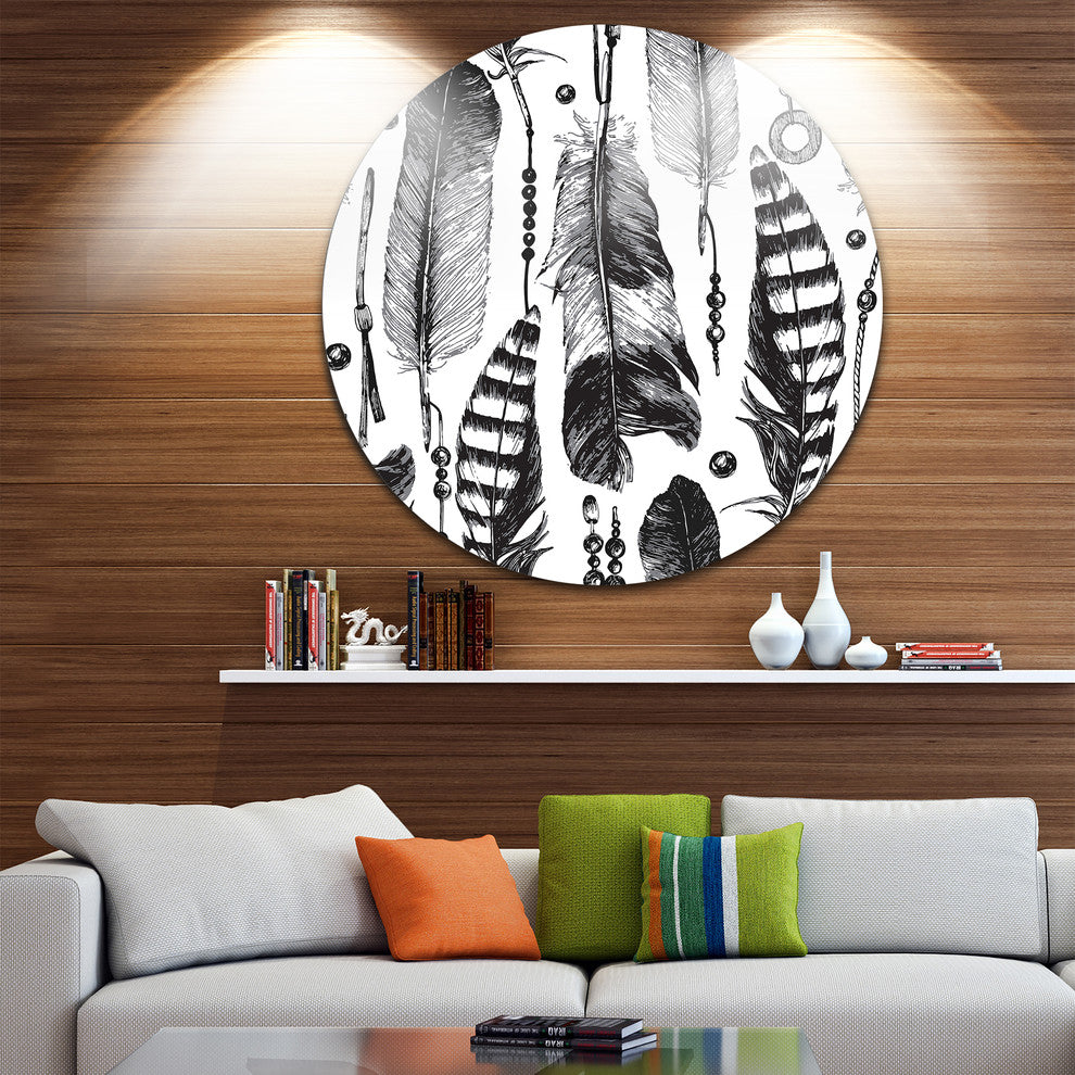 Hand Drawn Feathers, Round Metal Wall Art, 11"
