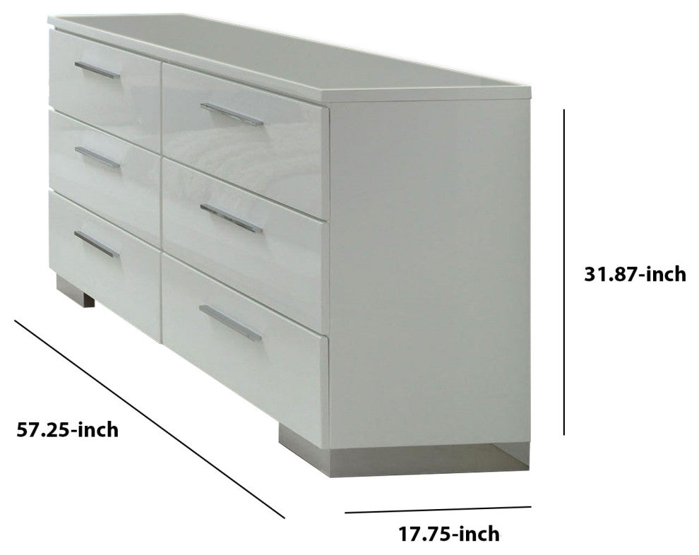Benzara BM203174 Wooden Dresser With 6 Drawers/Bar Pull H&les, White/Silver