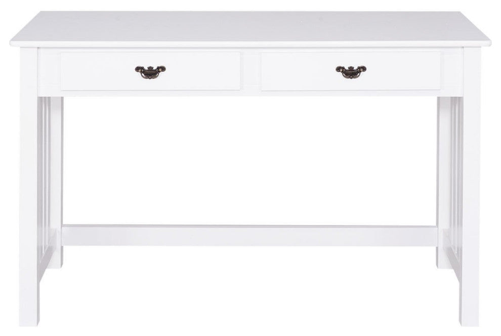 Traditional Desk, Pinewood Legs With Removable Shelf & Metal Handles, White