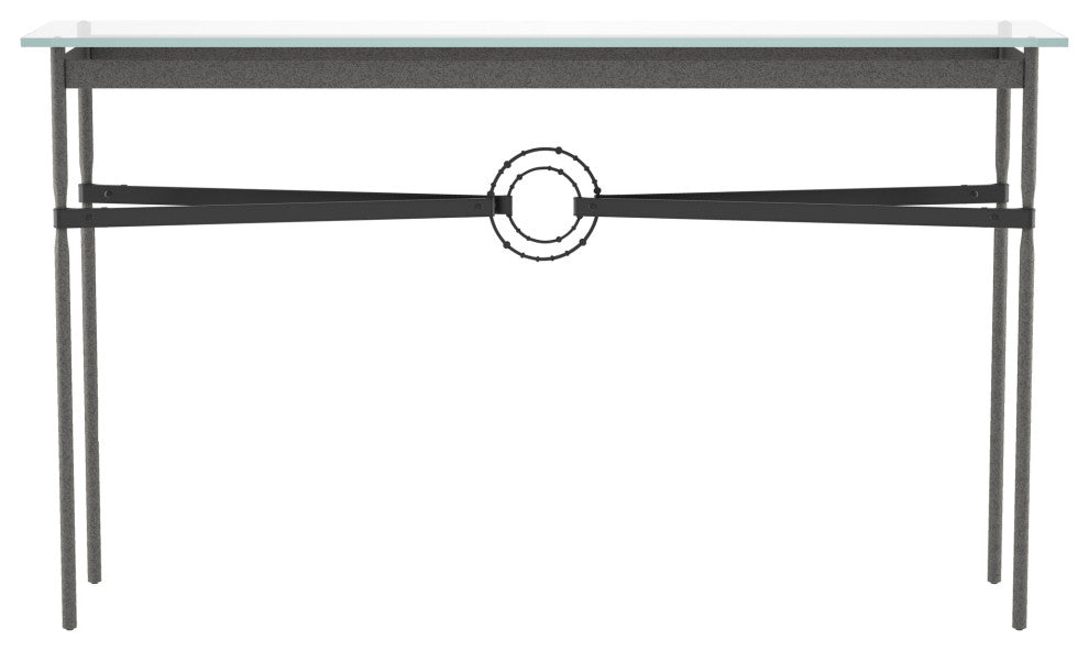 Equus Console Table, Natural Iron Finish - Black Accents - Black Leather Strap