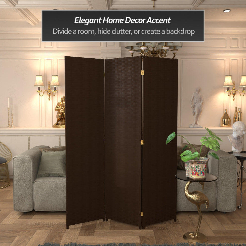6' Tall Woven Fiber Room Divider, 3 Panel, Dark Mocha