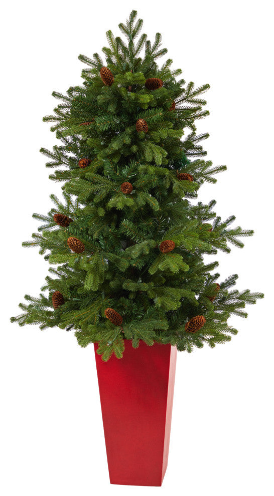 56" Yukon Mountain Fir Faux Xmas Tree W/Lights, Pinecones & Bendable Branches