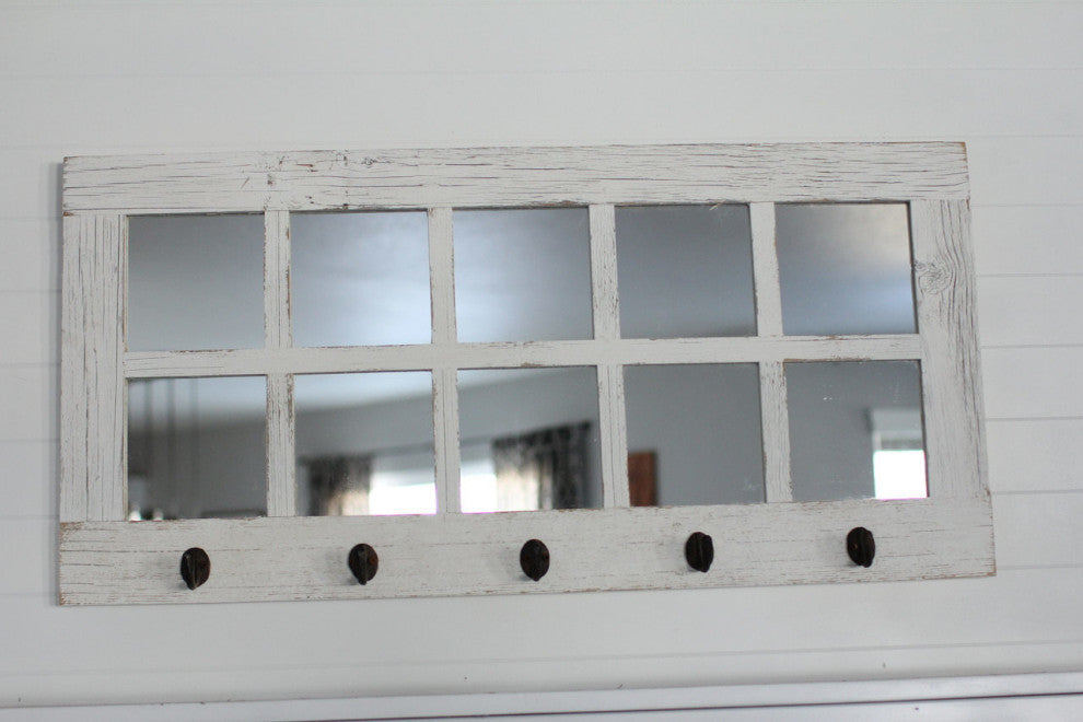 Windowpane Mirror With Coat Hangers, 10 Pane, White