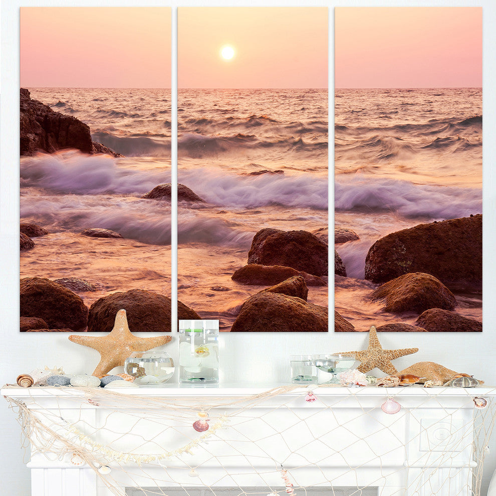 "Foam Waves Hitting Rocky Coast" Metal Wall Art, 3 Panels, 36"x28"