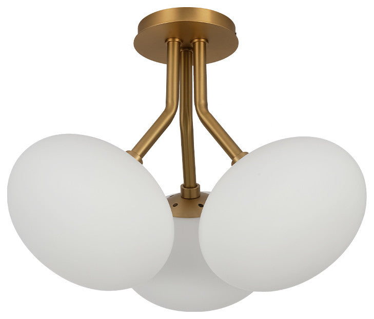 Modern Mid-Century 3-Light Elliptical Sputnik Glass Semi Ceiling Light, Brass