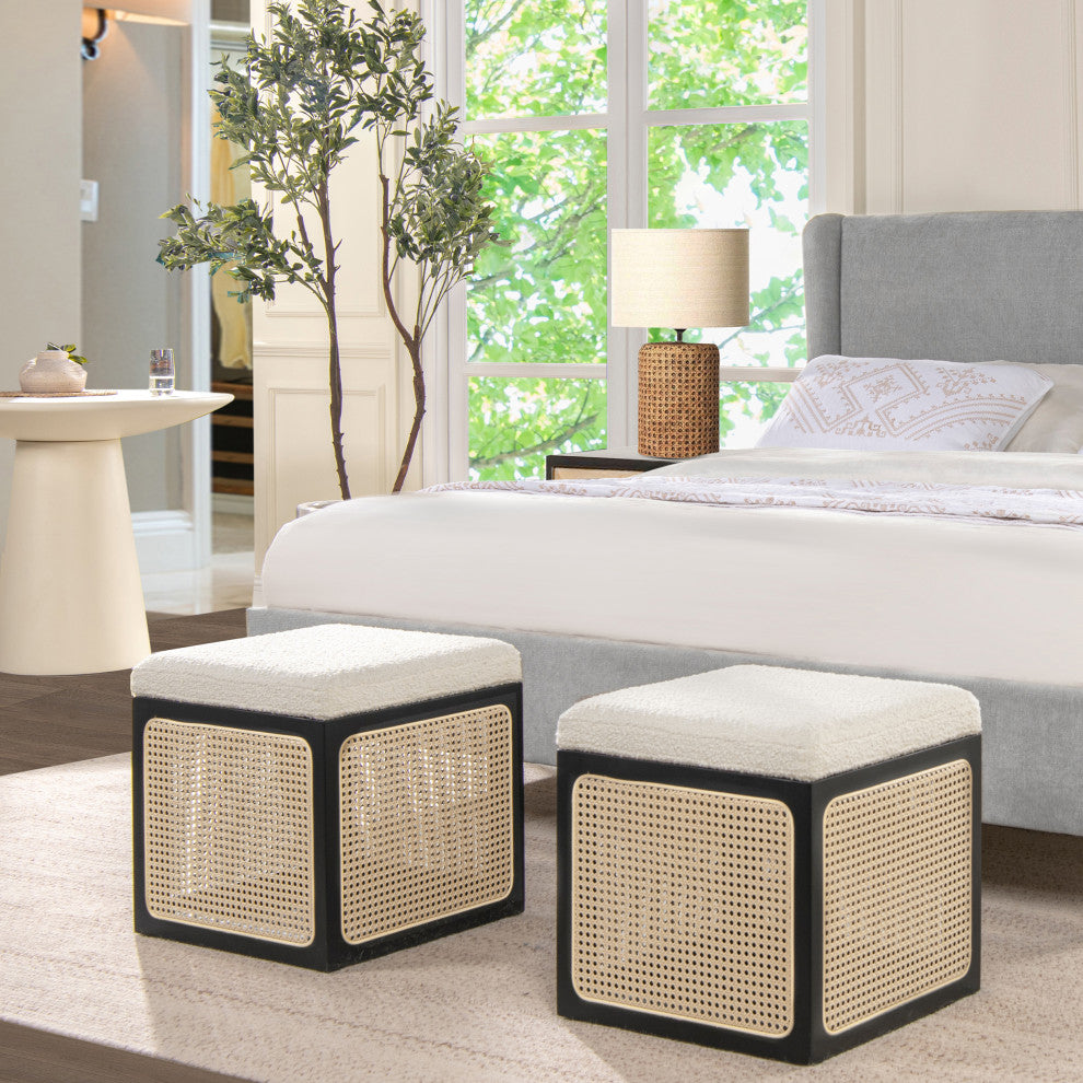 Nina 18" Cane Webbing Cube Ottoman, Ivory White