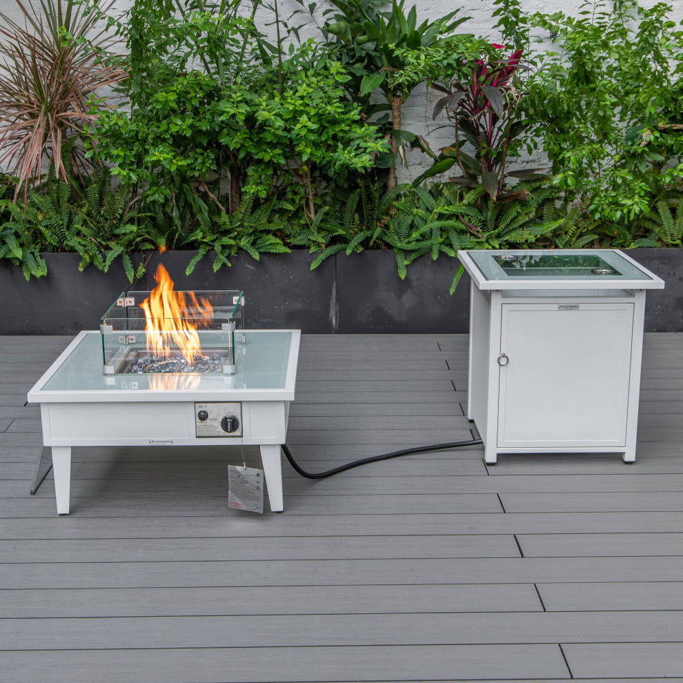 LeisureMod Walbrooke Patio Conversation Set With Fire Pit Table, Light Grey