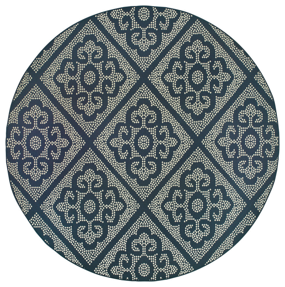 Martinique Floral Scroll Lattice Navy/ Ivory Indoor/Outdoor Rug, 7'10"X7'10"
