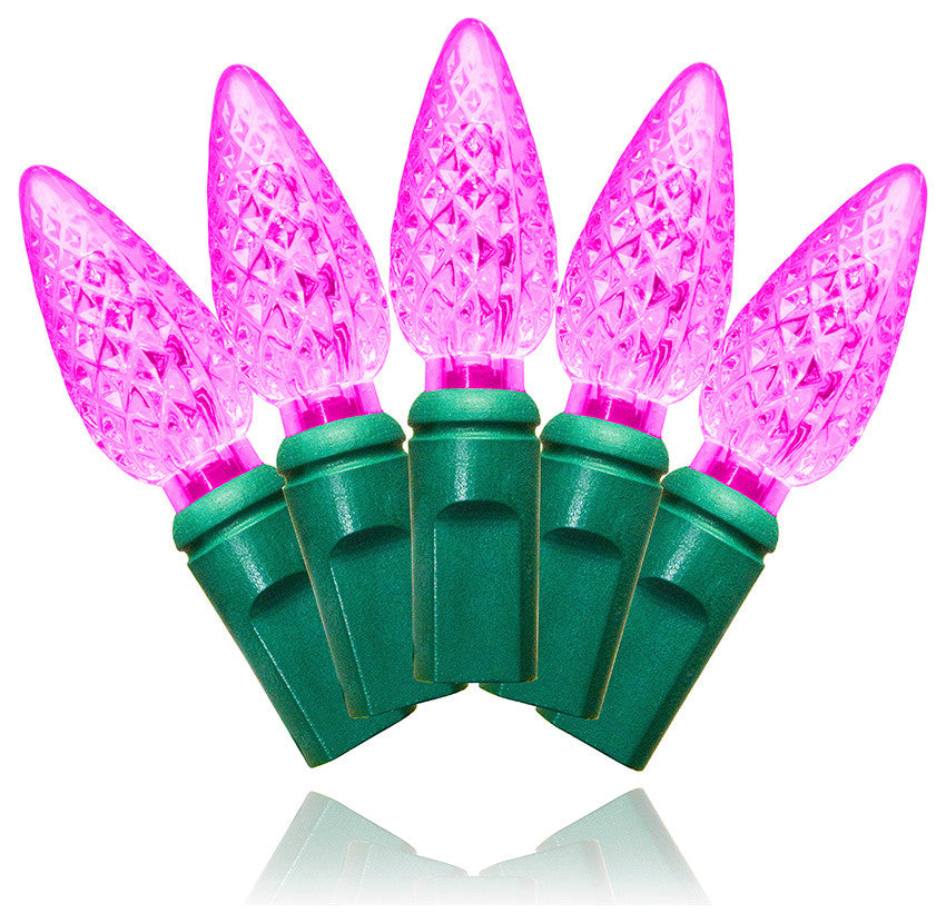 35 C6 Pink LED Light String 4" Spacing On Green Wire