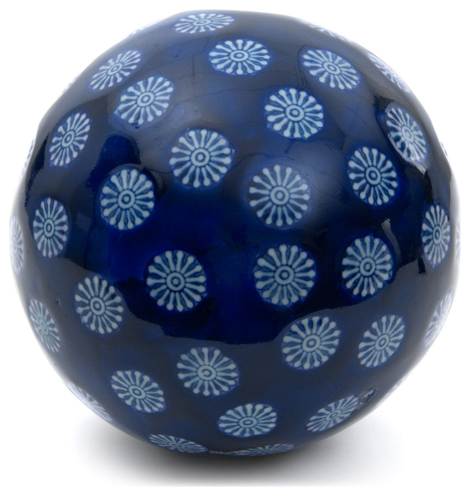 6" Decorative Porcelain Ball, Blue With White Stars