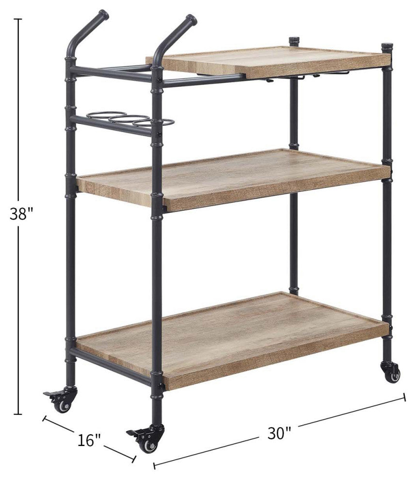 Serving Cart With Wheels, Wine Rack and Glass Holder, Oak and Sandy Black