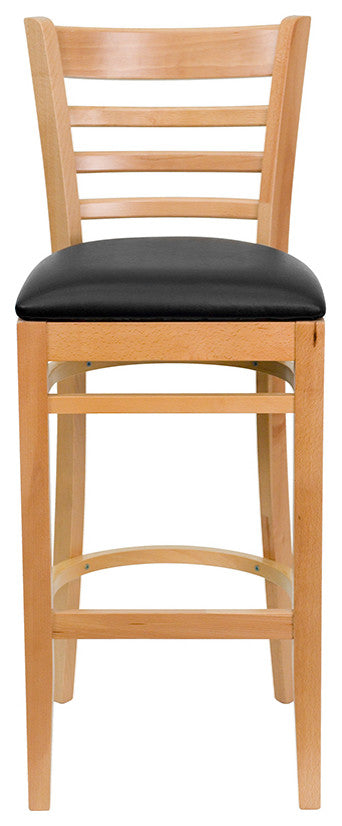 Ladder Back Natural Wood Restaurant Barstool, Black Vinyl Seat